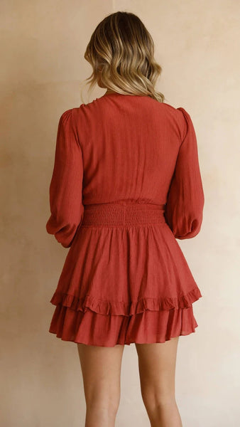 Brown Long Sleeves Bowknot Mini Dress