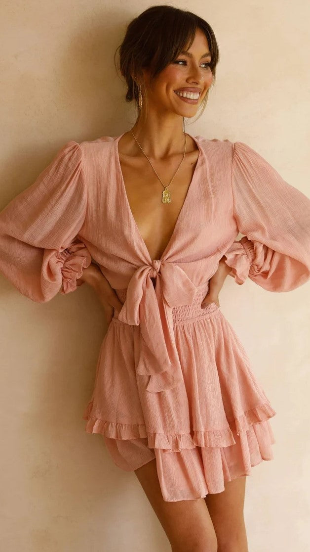 Pink Long Sleeves Bowknot Mini Dress
