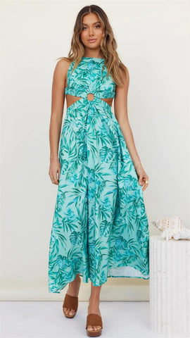 Green Foliage Print Midi Dress