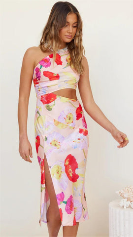 Red Rose Print Satin Midi Dress