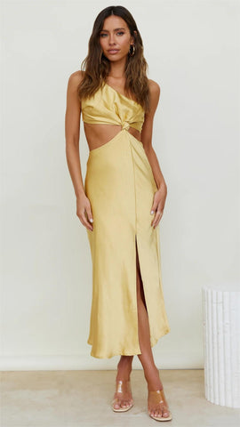 Yellow Satin Midi Dress