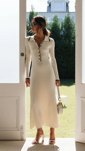 Beige Long Sleeves Knit Midi Dress