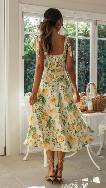 Lemon Floral Shoulder Tie Midi Dress