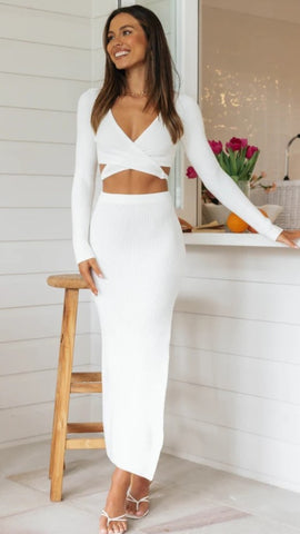 White Knit Bodycon Midi Skirts