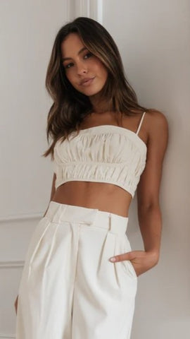 Beige Pleated Crop Tank Top