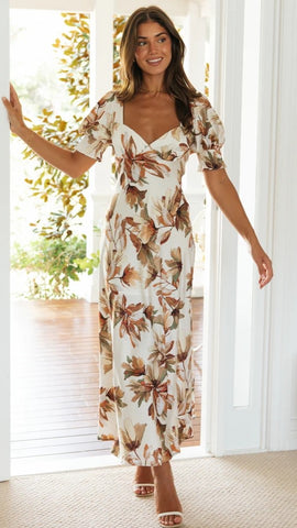 Khaki Floral V Neck Midi Dress