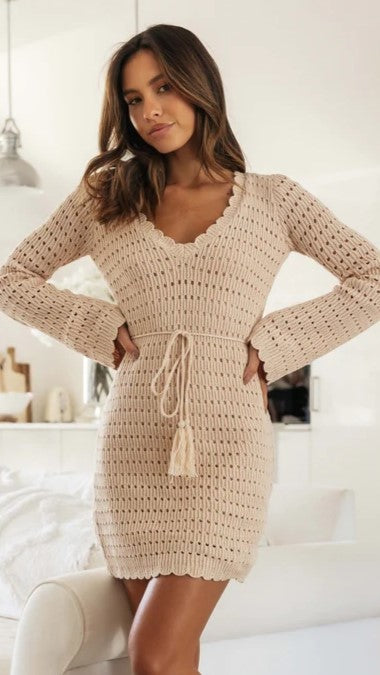 Light Khaki Crochet Knit Mini Dress