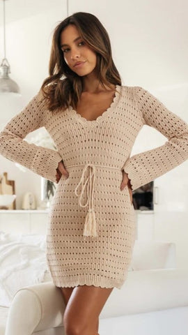 Light Khaki Crochet Knit Mini Dress