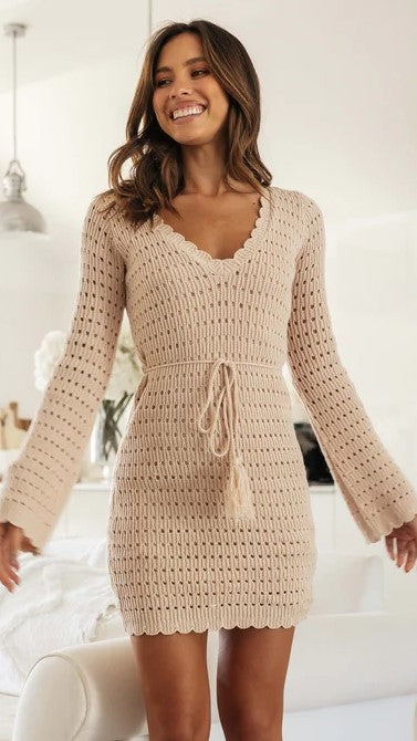 Light Khaki Crochet Knit Mini Dress