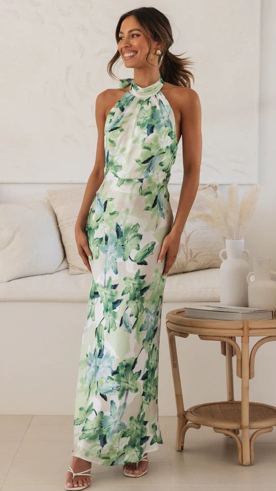 slim fit dress slacks Green Floral Satin Halter Maxi Dress – Gabi Swimwear