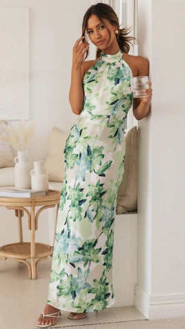 Green Floral Satin Halter Maxi Dress