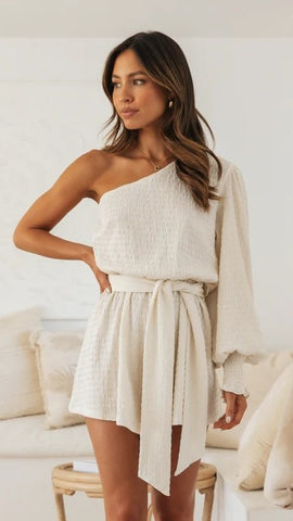 Beige One Shoulder Romper