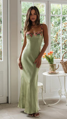 Green Satin Floral Trim Maxi Dress