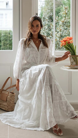 White Long Sleeves Maxi Dress