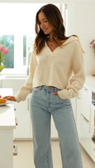 Beige Ribbed Knit Batwing Sweater