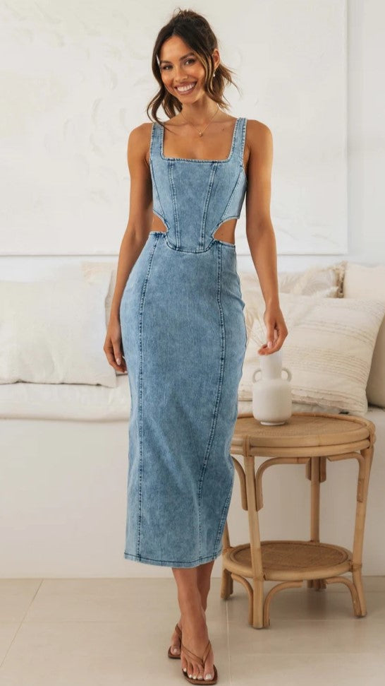 Pale blue denim dress online