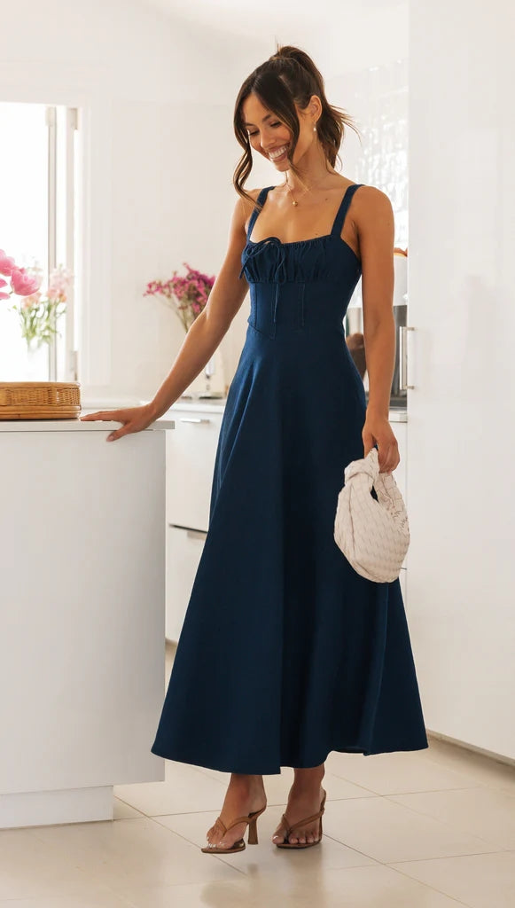 Navy Blue Denim Midi Dress