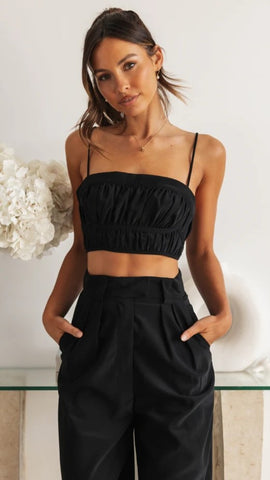 Black Pleated Crop Tank Top