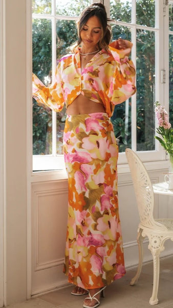 Orange Floral Maxi Skirts