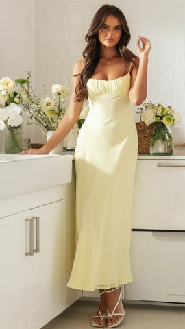 Yellow Ruched Bust Slip Midi Dress