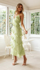 Green Ruffled Sleeveless Midi Dress