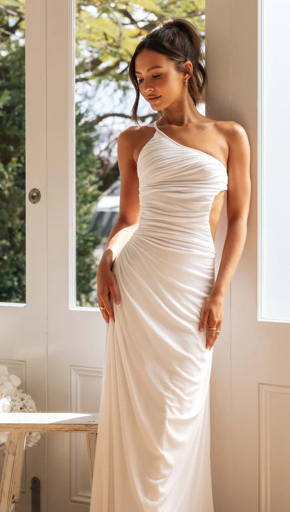 white one shoulder pleated dress One Shoulder Pleated Bodice Wedding Gown JB39218