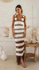 Brown Striped Knit Midi Dress