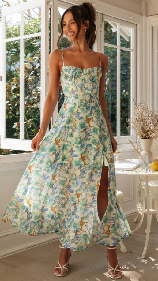 Teal Floral Slip Midi Dress
