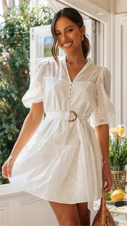 White Lace Belted Mini Dress