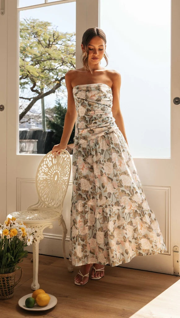Green Floral Strapless Midi Dress  Gabi Swimwear