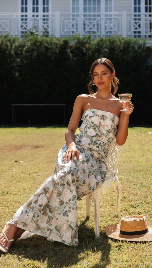 Green Floral Strapless Midi Dress – Gabi Swimwear
