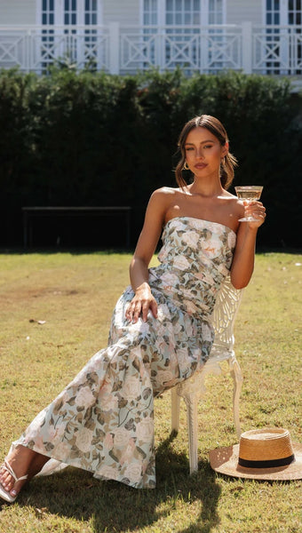 Green Floral Strapless Midi Dress
