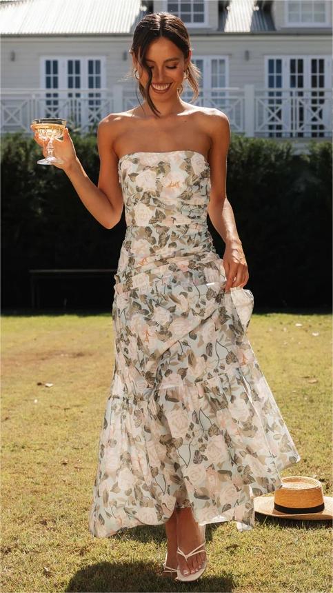 Green Floral Strapless Midi Dress