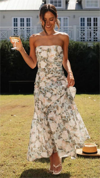 Green Floral Strapless Midi Dress