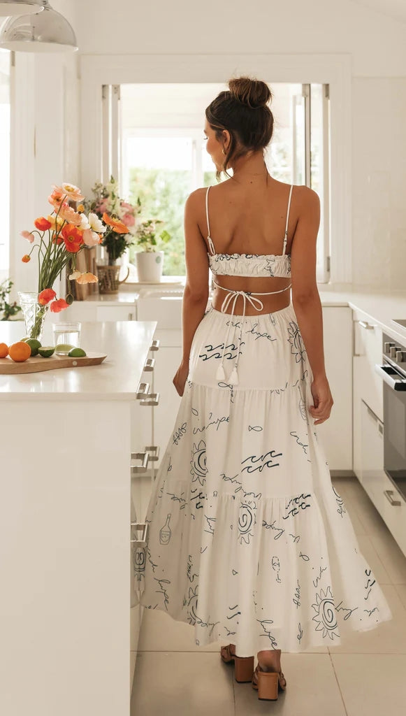 artisanal white midi dress Artisan Coastal Print Midi Dress – Gabi Swimwear
