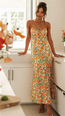Orange Floral Sleeveless Midi Dress