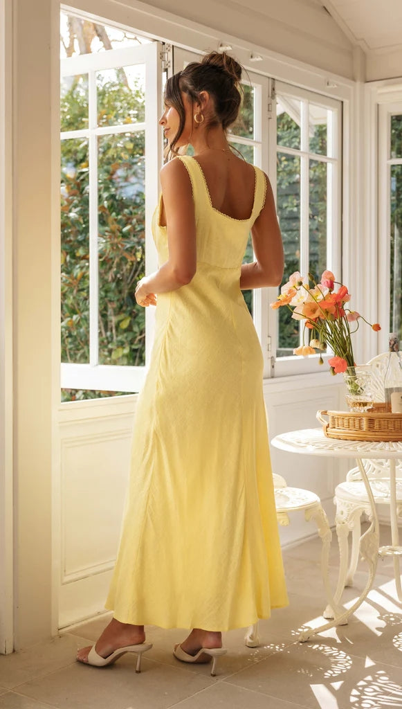 Yellow Pleated Trim Midi Dress