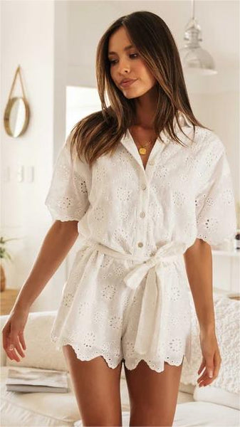 White Crochet Lace Waist Tie Romper