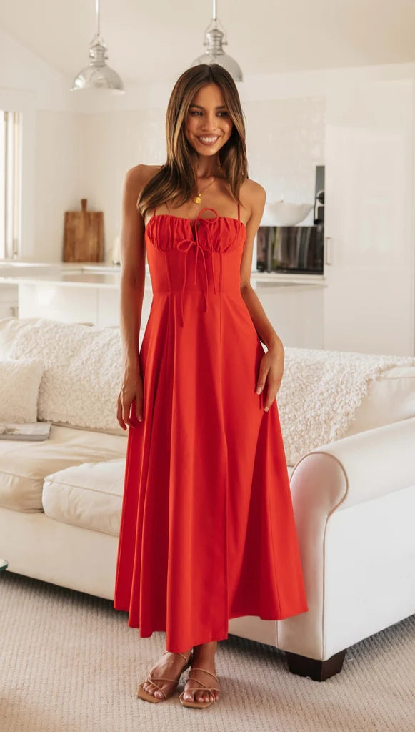 strapless open back dress Red Slip Midi Dress – Gabi Swimwear