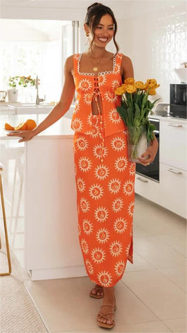 Orange Floral Midi Skirts