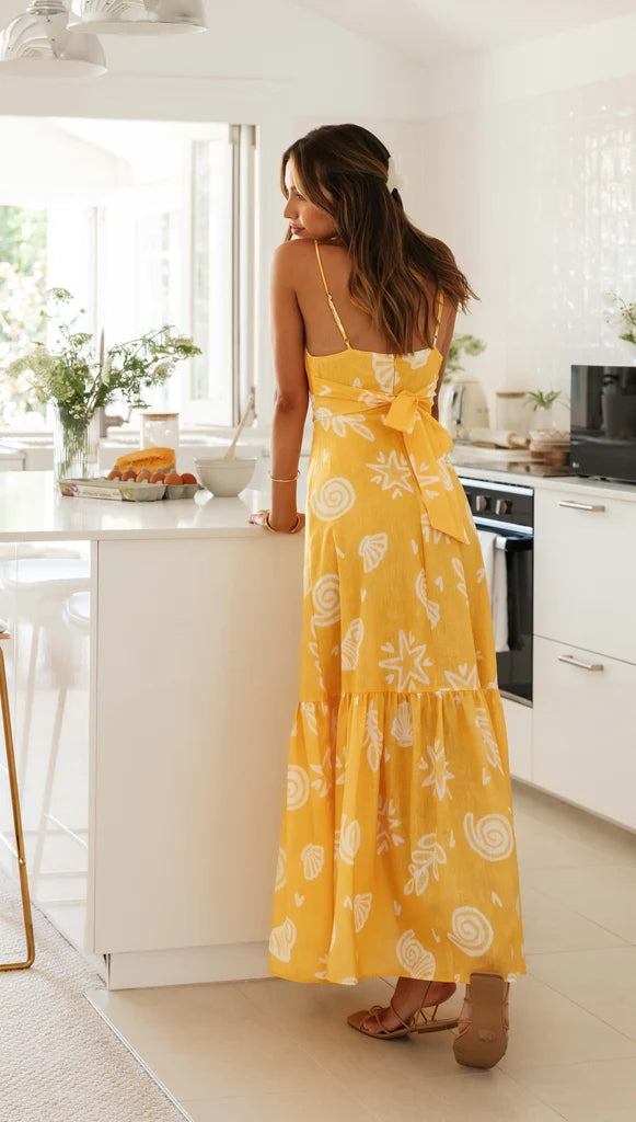 Yellow Floral V Neck Midi Dress