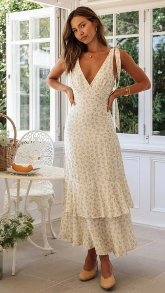 Beige Floral Shoulder Tie Midi Dress