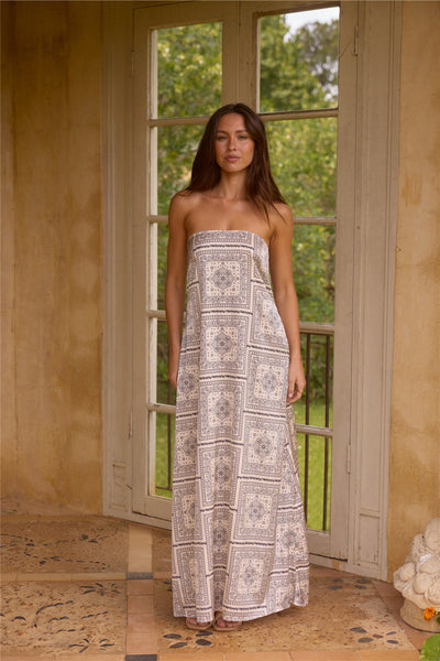 Exotic Nights Strapless Satin Maxi Dress Beige