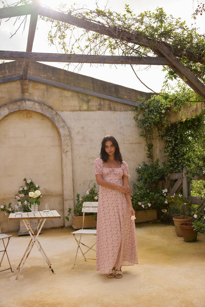 pink dream garden maxi dress Garden Dreams Satin Maxi Dress - Pink/combo