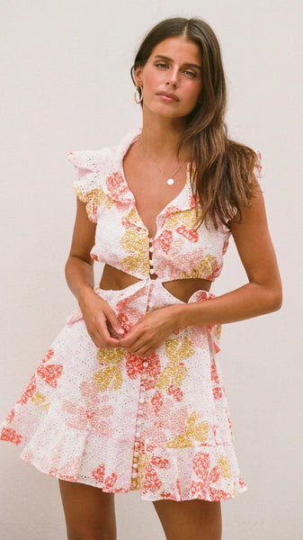 Pink Floral Cutout Mini Dress