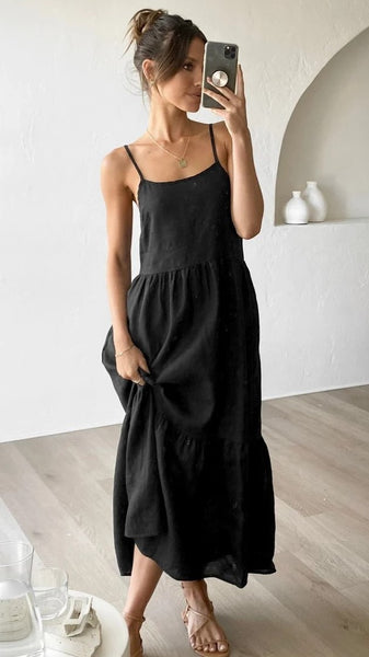 Black Solid Slip Midi Dress