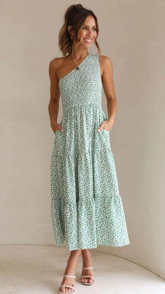 Green Floral One Shoulder Midi Dress