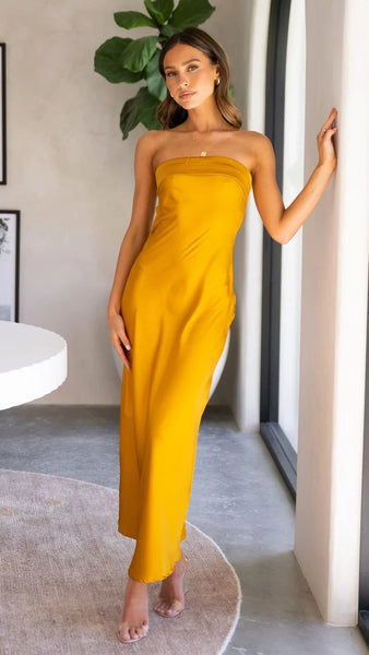 Yellow Strapless Midi Dress