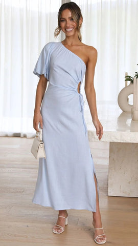 Light Blue One Shoulder Cutout Midi Dress