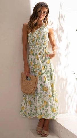 Pineapple Print One Shoulder Midi Dress